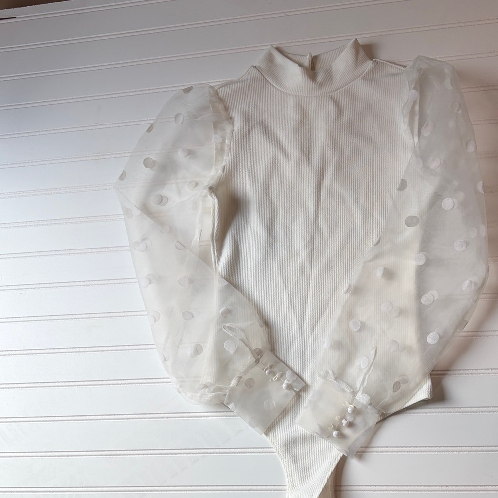 TCEC White Bodysuit with Sheer Polka Dot Sleeves